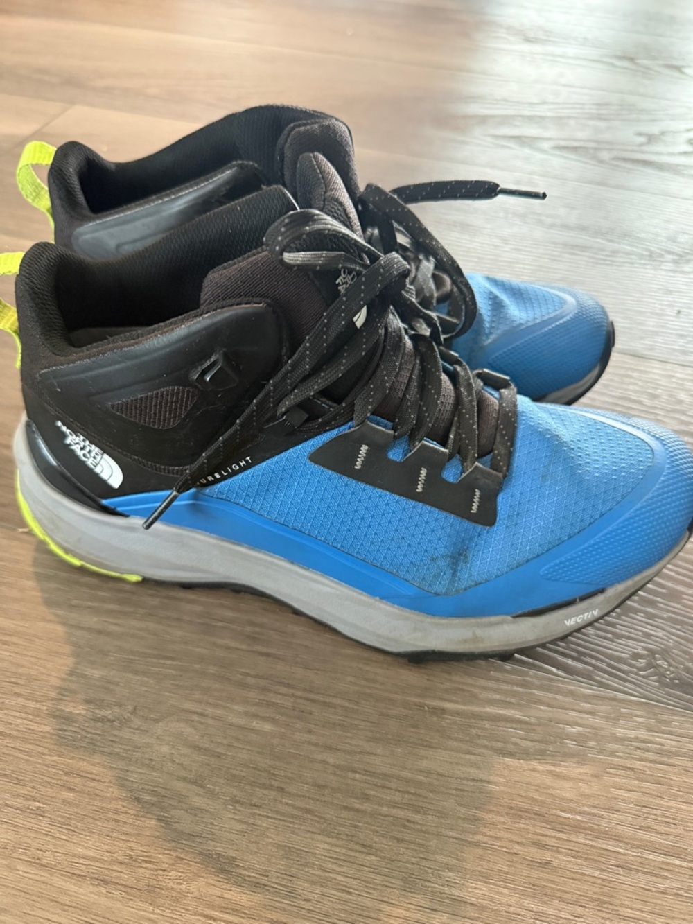The North Face Blue and Black Trail Shoes with Neon Yellow Accents-size 8.5
